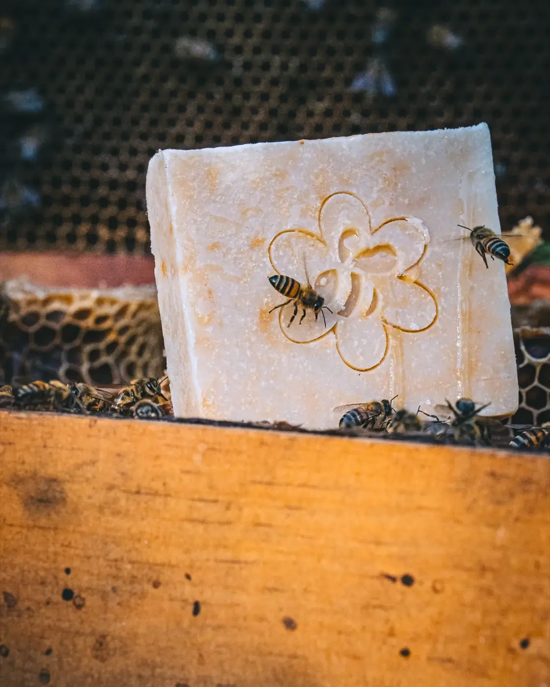 Jabón artesanal con abejas sobre la colmena